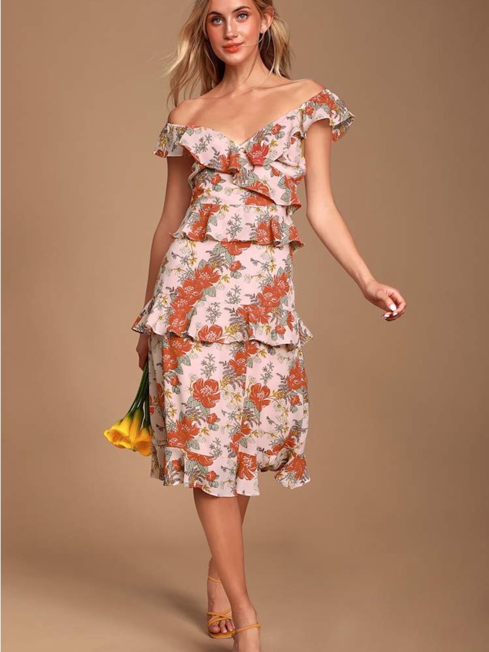 Lulu's Fleur-Evermore Blush Pink Floral Print Ruffled Midi Dress XS